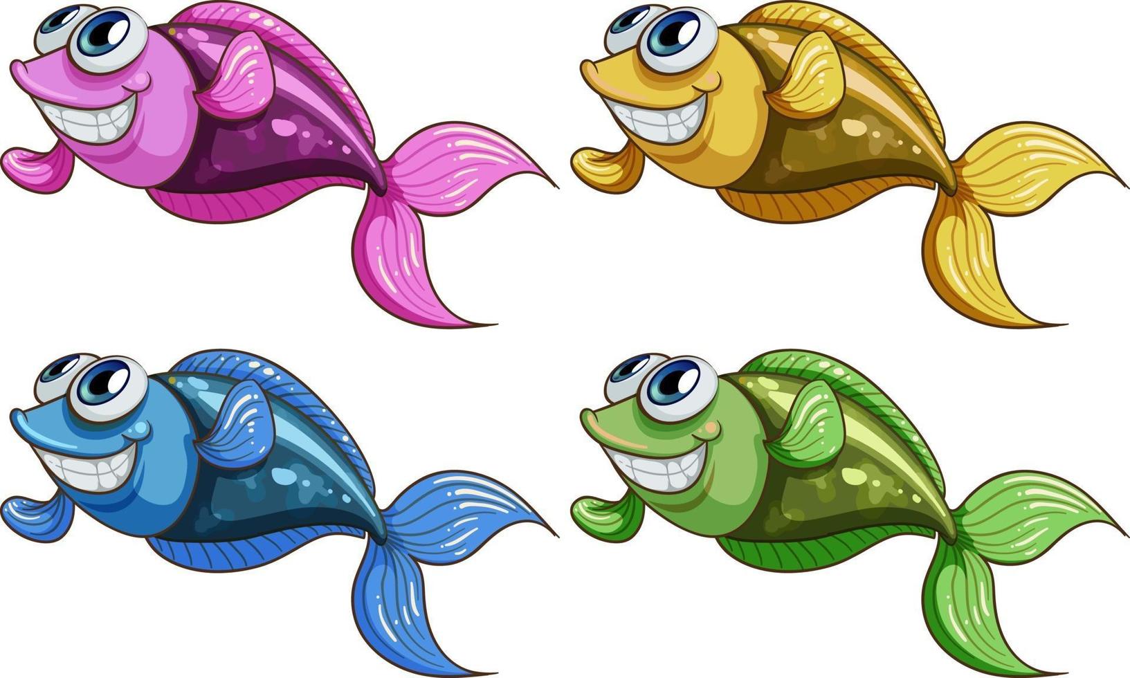 Conjunto de muchos divertidos dibujos animados de peces aislado sobre fondo blanco. vector