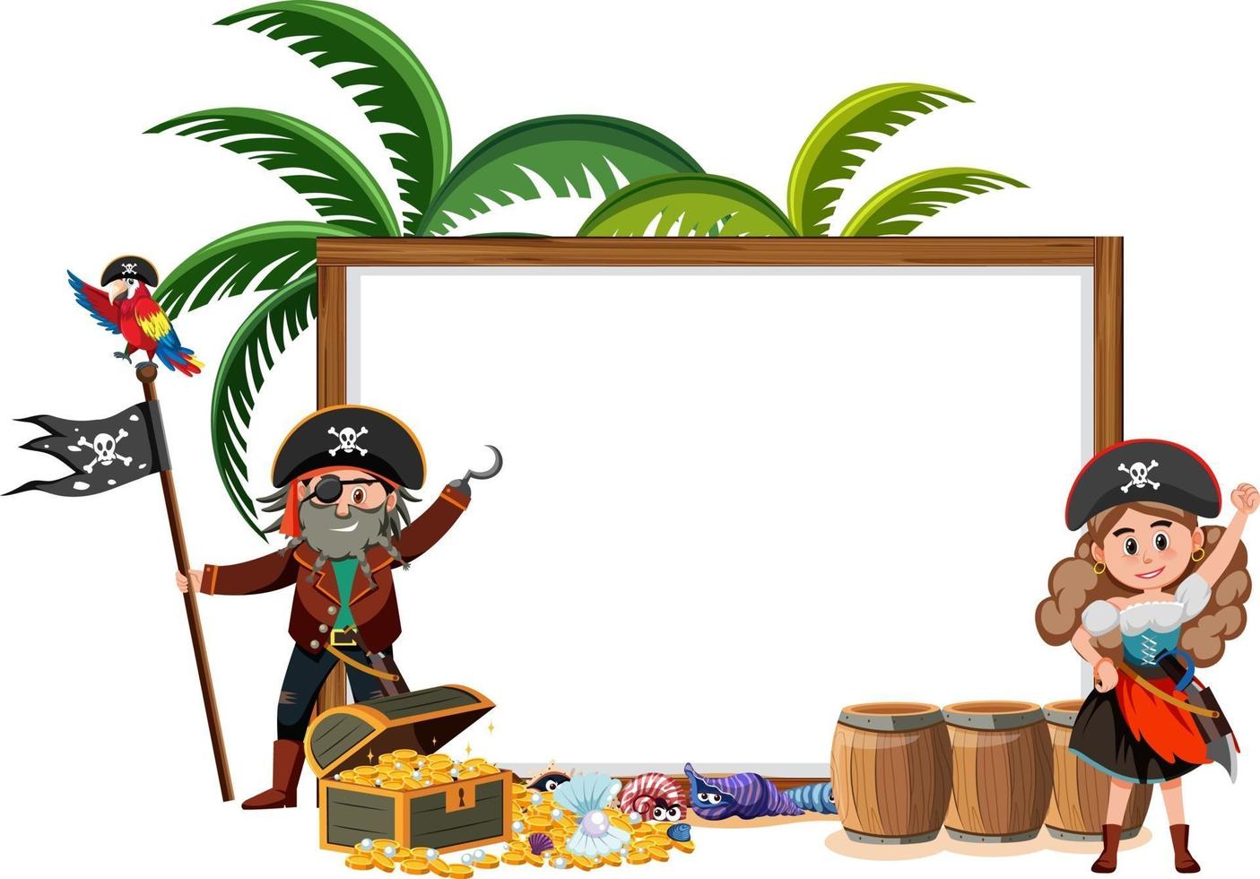 Two pirate cartoon character with blank banner template isolated vector