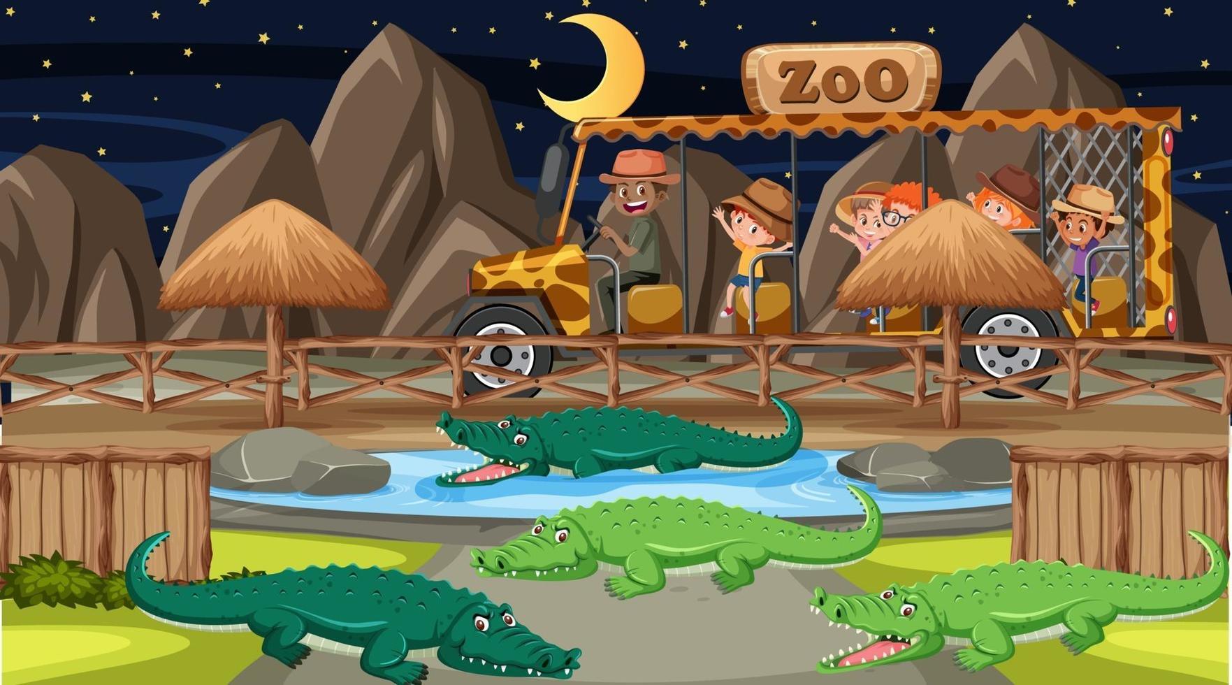 Safari at night scene with many kids watching alligator group vector