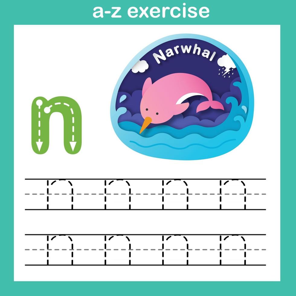 Alphabet Letter N-narwhal exercise,paper cut concept vector illustration