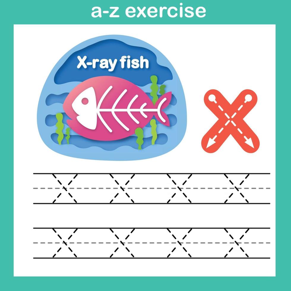 Ejercicio de peces de rayos xx de letra del alfabeto, ilustración de vector de concepto de corte de papel