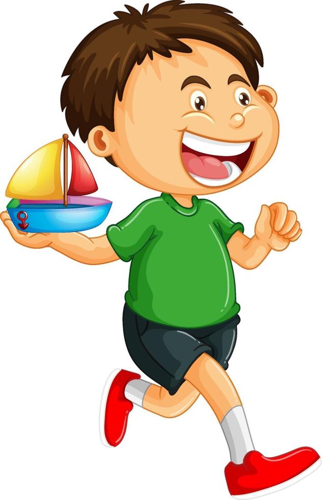 personaje de dibujos animados de niño feliz sosteniendo un barco de juguete vector