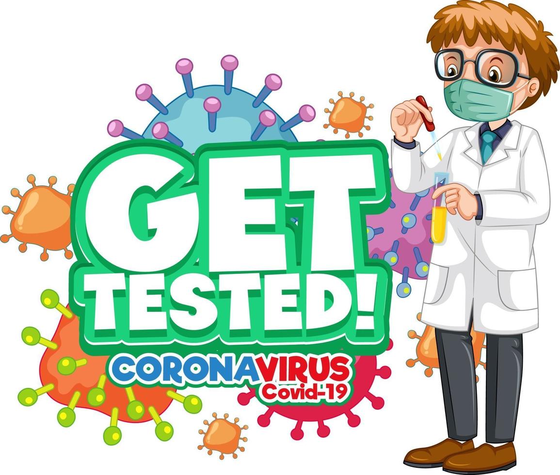 Get Tested font with a doctor man cartoon character isolated vector