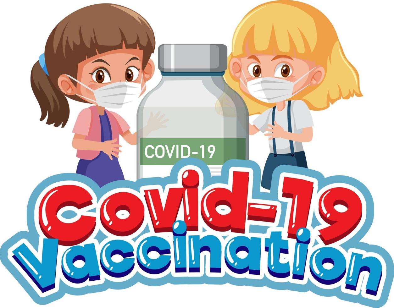 fuente de vacunación covid-19 con niños y botella de vacuna covid-19 vector