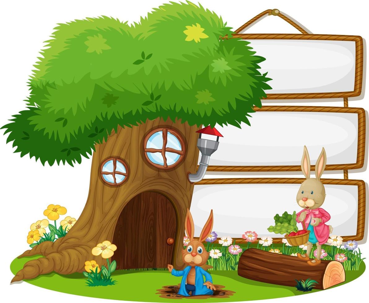 Blank banner in the garden with cute rabbits isolated vector