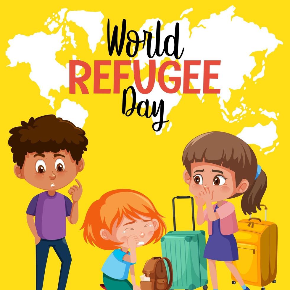 World Refugee Day banner with refugee people on world map background vector