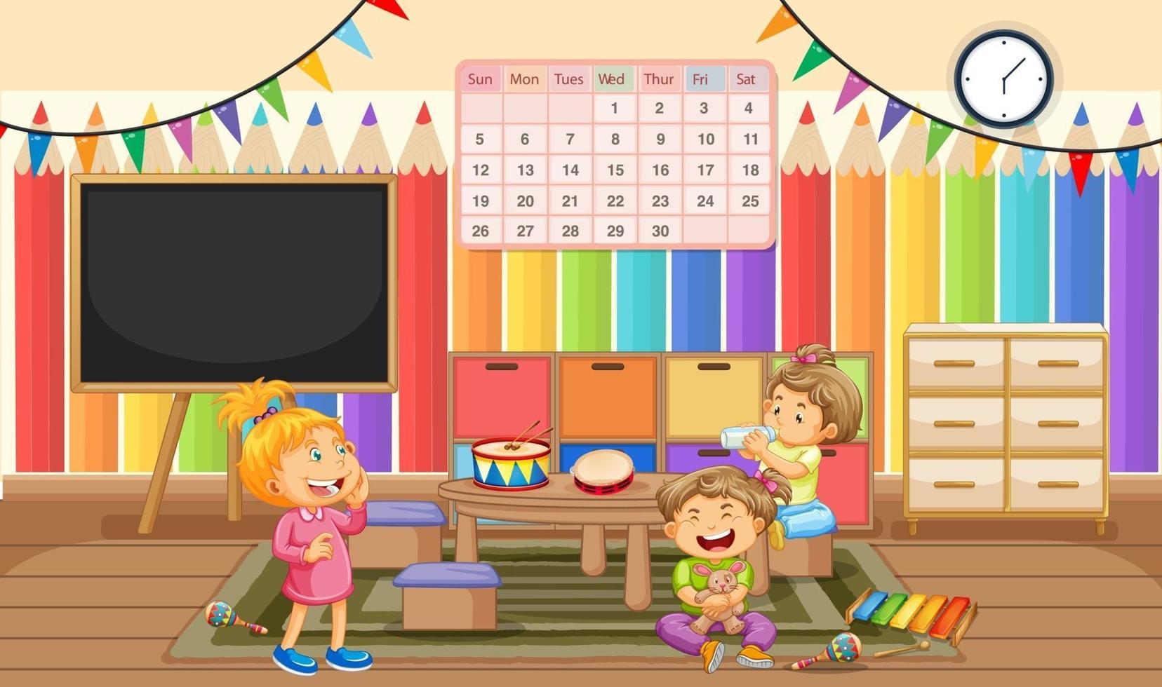 Kindergarten room scene with many little kids vector