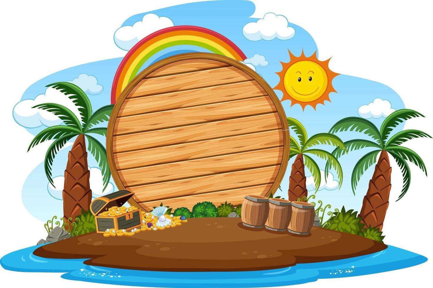 Empty wooden board on the island with many palm trees isolated vector