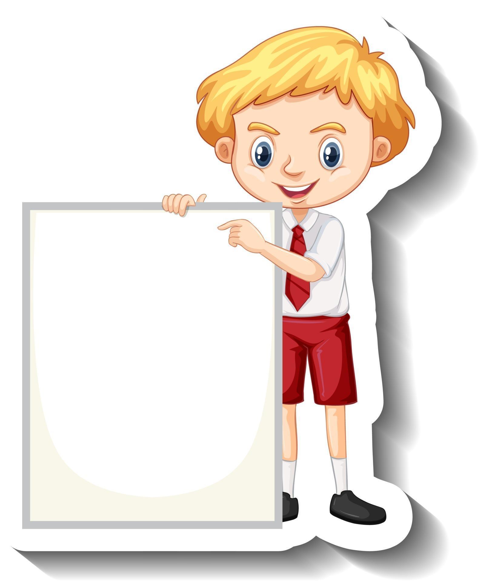 Student boy holding empty board cartoon sticker 2940201 Vector Art at