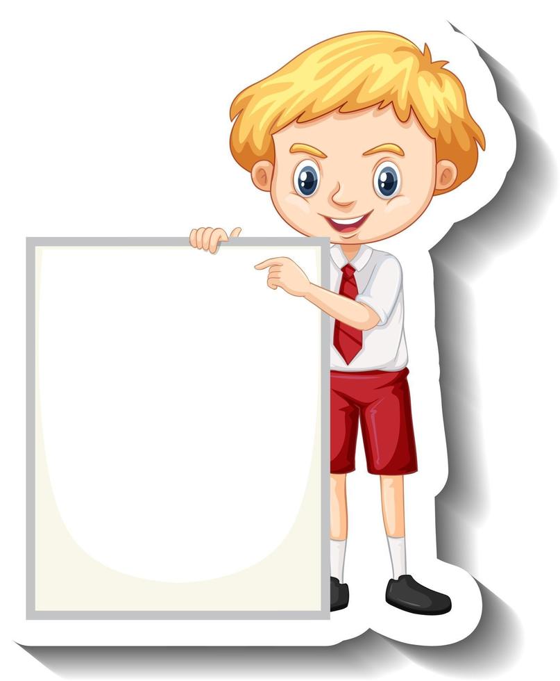 Student boy holding empty board cartoon sticker vector