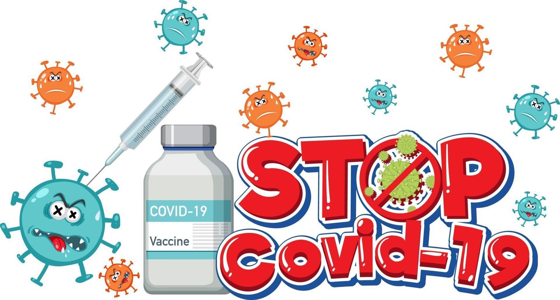 Detenga el logotipo o pancarta de covid-19 con el frasco de vacuna covid-19 vector