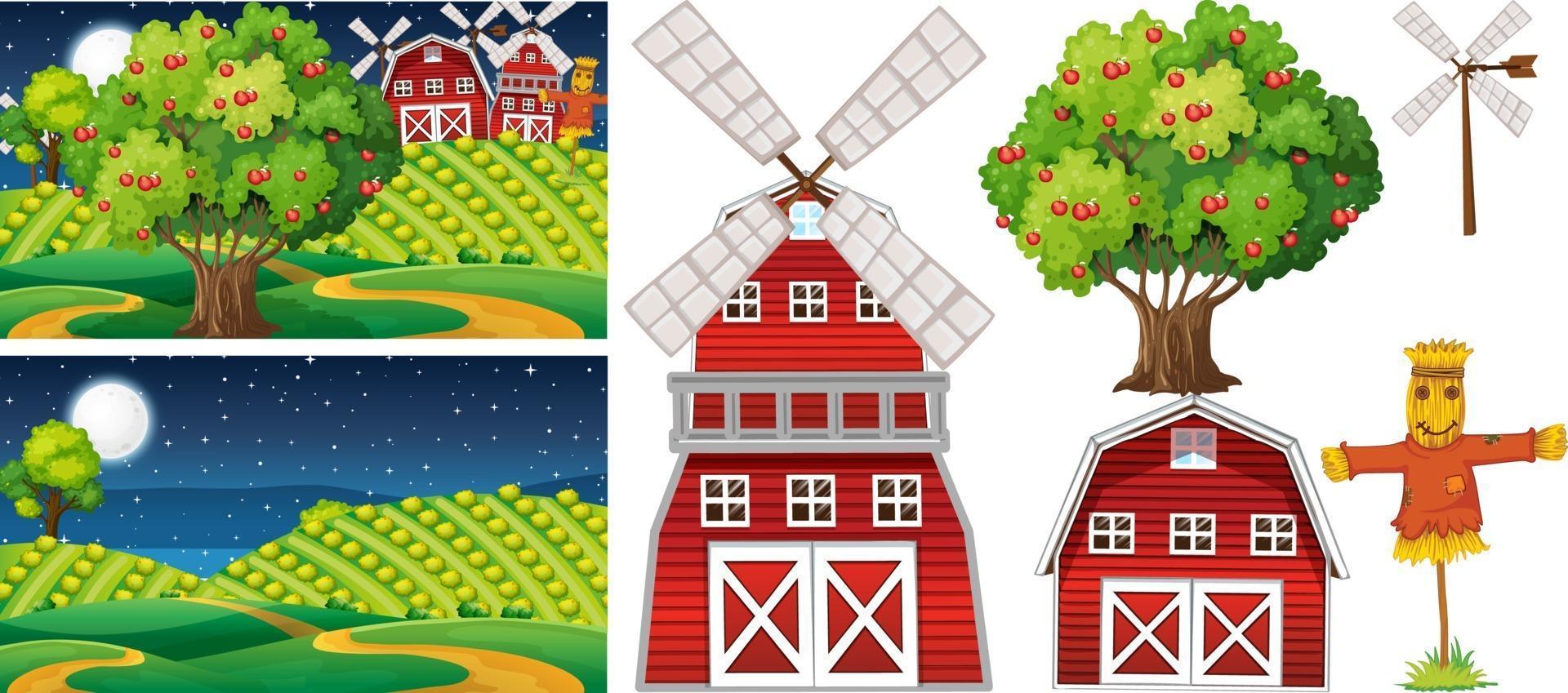 Farm element set isolated with farm scence vector