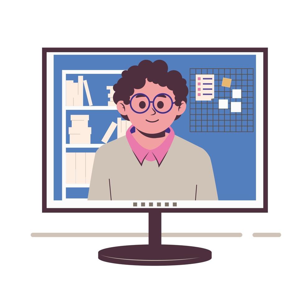 hablando por Internet. hombre en la pantalla del monitor. trabajar desde casa, autónomo, vector