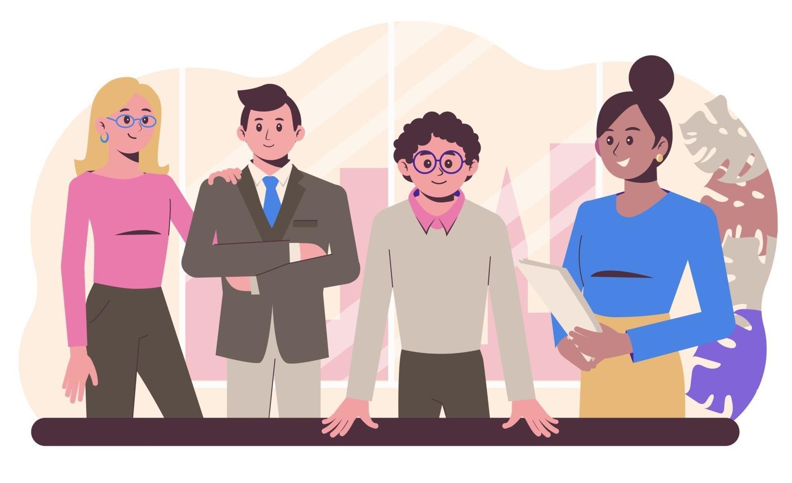 Group of office workers at workplace. Flat vector