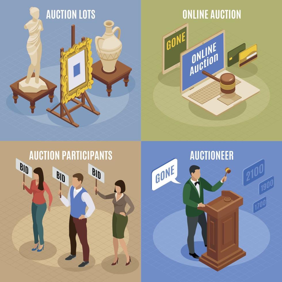 Auction Isometric Concept Set Vector Illustration