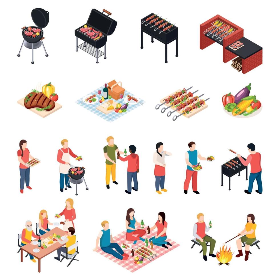 Conjunto de iconos de picnic de parrilla de barbacoa isométrica ilustración vectorial vector