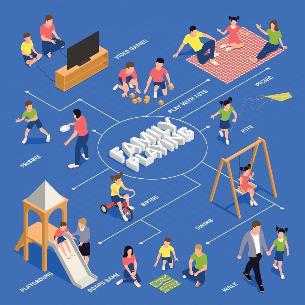 Family Playing Isometric Flowchart Vector Illustration