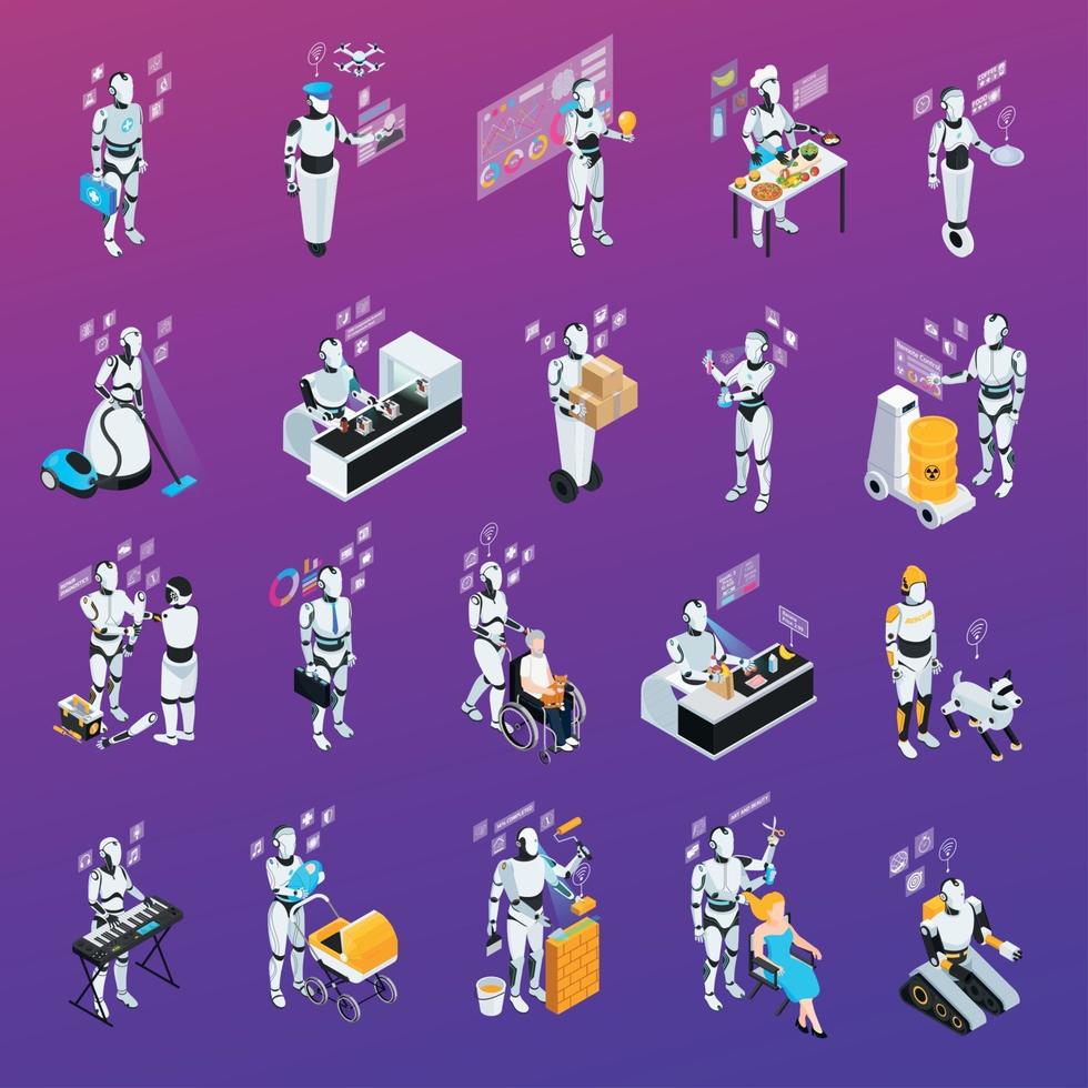 Robot profesiones aisladas conjunto de iconos ilustración vectorial vector