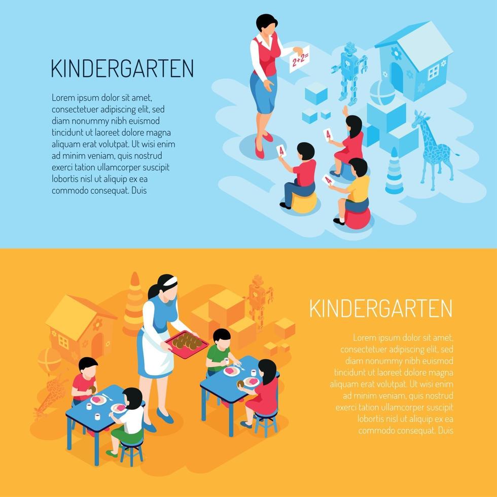 Kindergarten Isometric Banners Vector Illustration