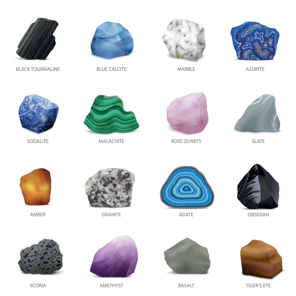 Realistic Stone Mineral Icon Set Vector Illustration