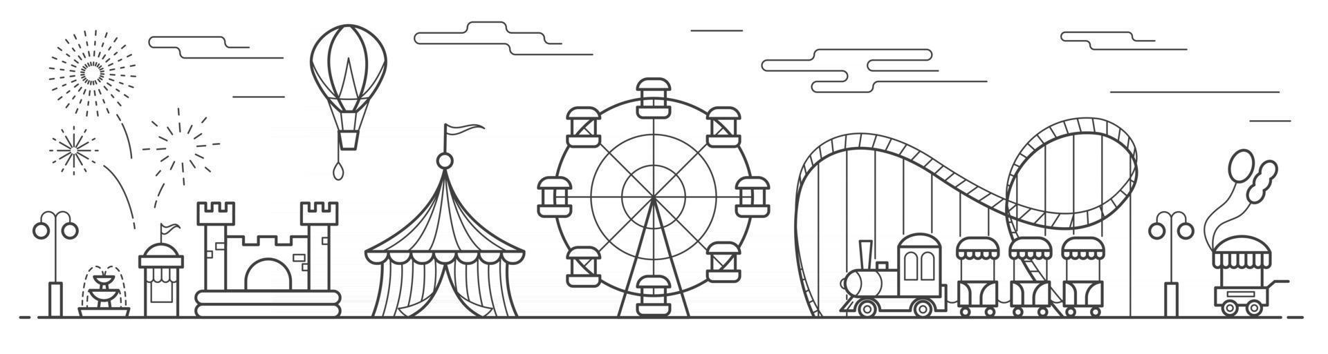 Panorama of an amusement park with a ferris wheel, circus, rides vector