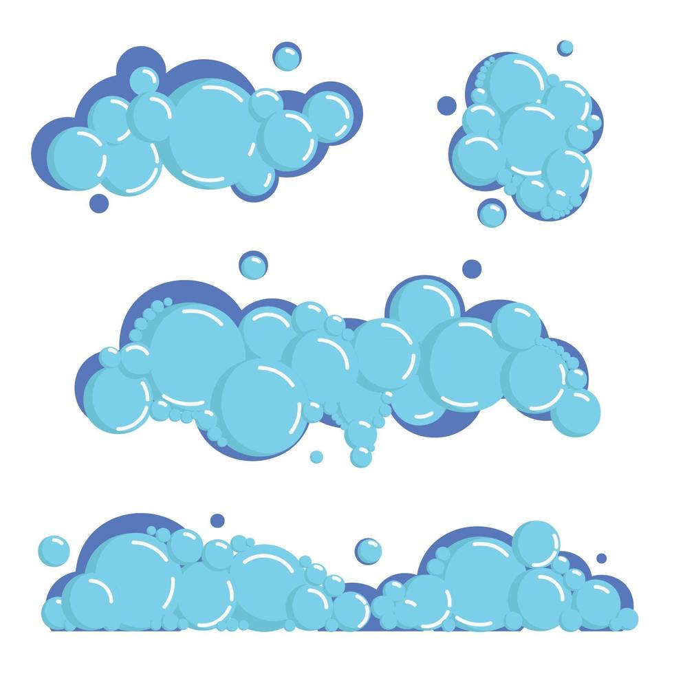 Cartoon soap foam set with bubbles. Light blue suds of bath, shampoo vector