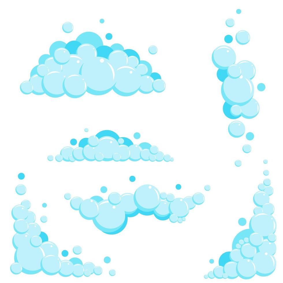 Cartoon soap foam set with bubbles. Light blue suds of bath, shampoo vector