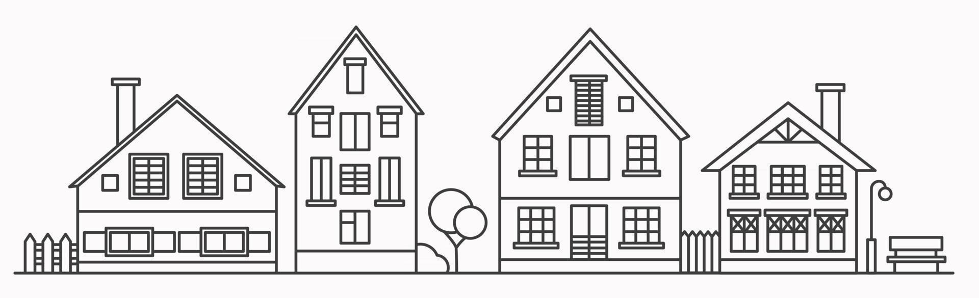 Linear cityscape with various row houses. Outline illustration. vector