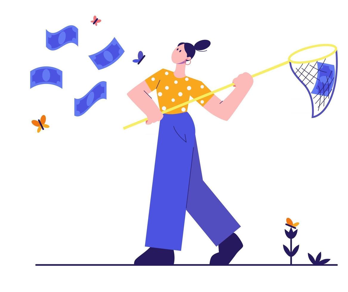 Woman trying to catch money with a net. Business concept. Vector