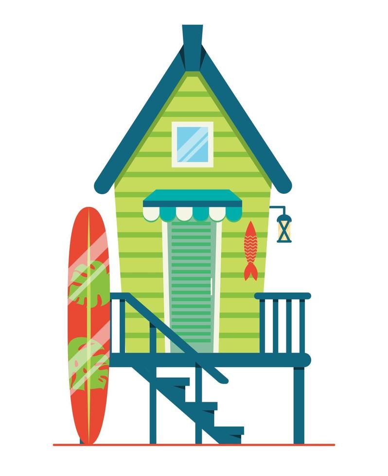 casa en la playa. cabaña con tabla de surf en la costa. vector