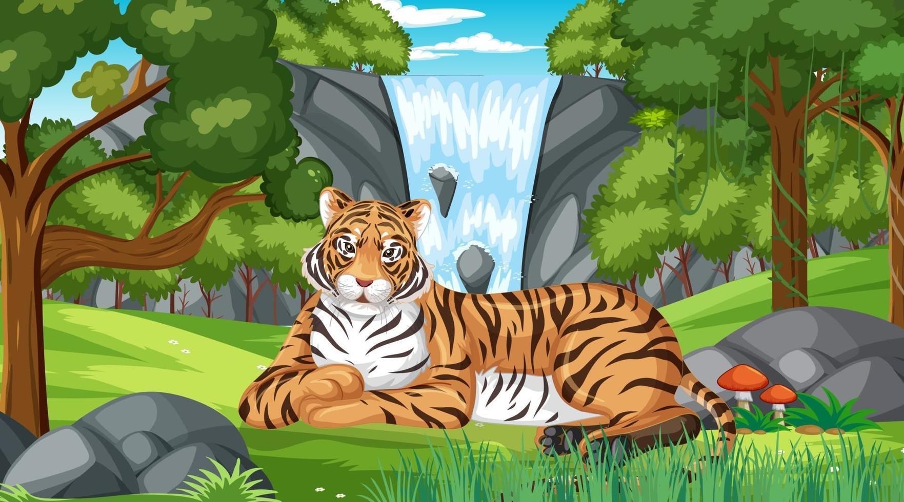 A tiger in forest or rainforest scene with many trees vector