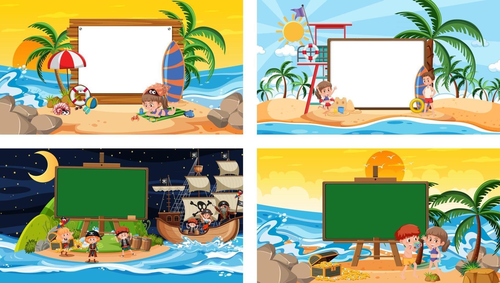 Set of different tropical beach scenes with blank banner vector