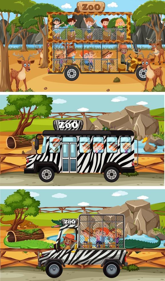 Set of safari scenes with animals and kids cartoon character vector