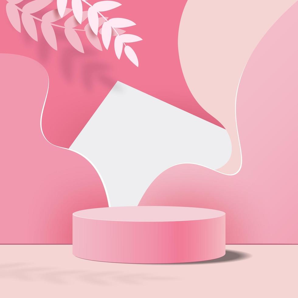 Abstract background, minimal mock up scene for product display with pastel pink podium and leaves vector