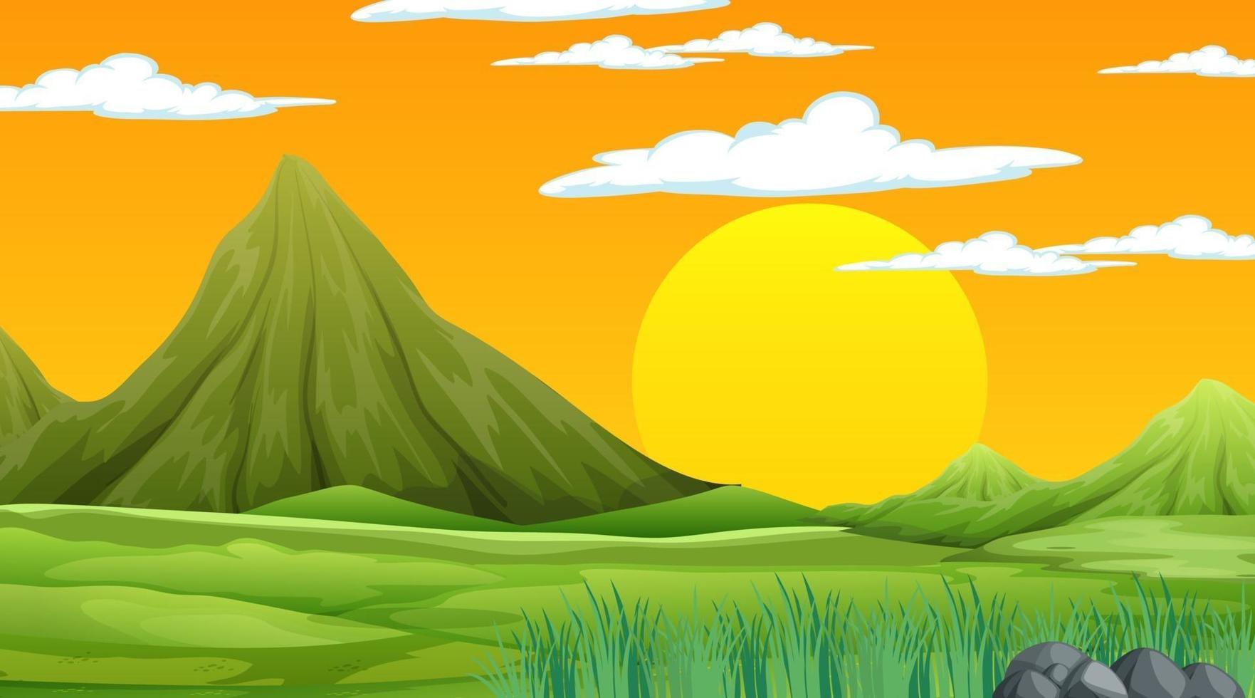 Escena de la naturaleza al atardecer con paisaje de pradera y montaña vector