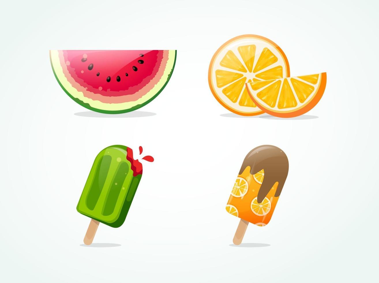 Summer fruit. Ripe watermelon and orange with ice cream. Isolated vector