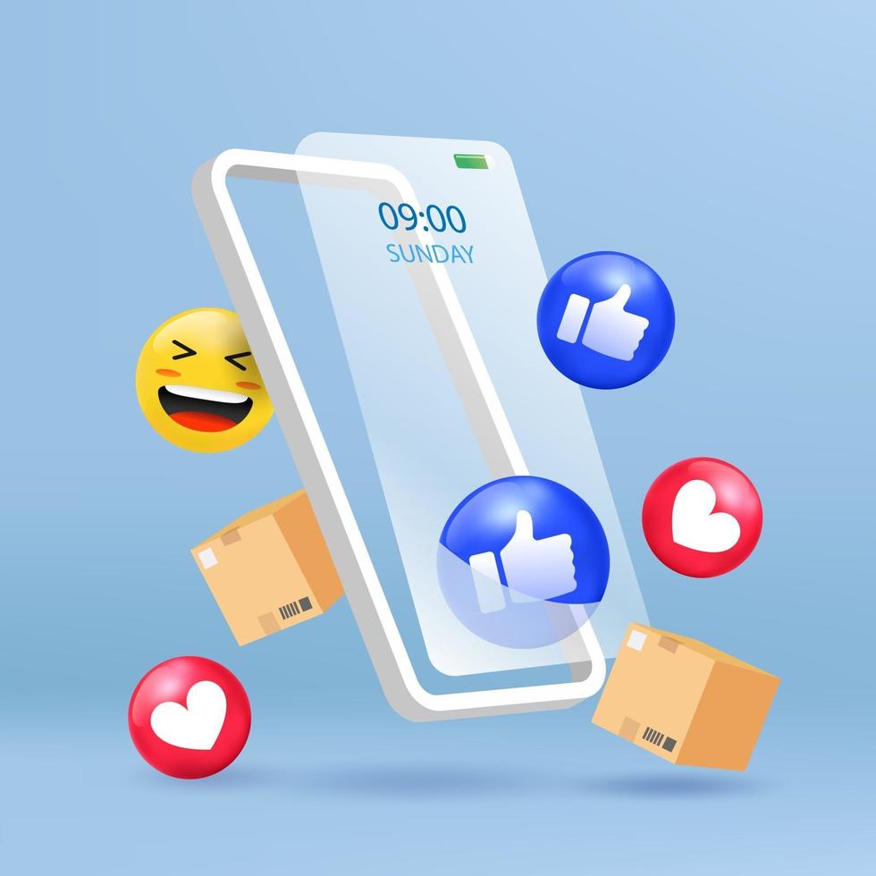 tienda online con icono social emoji móvil y 3d. ilustración vectorial. fondo azul mínimo vector