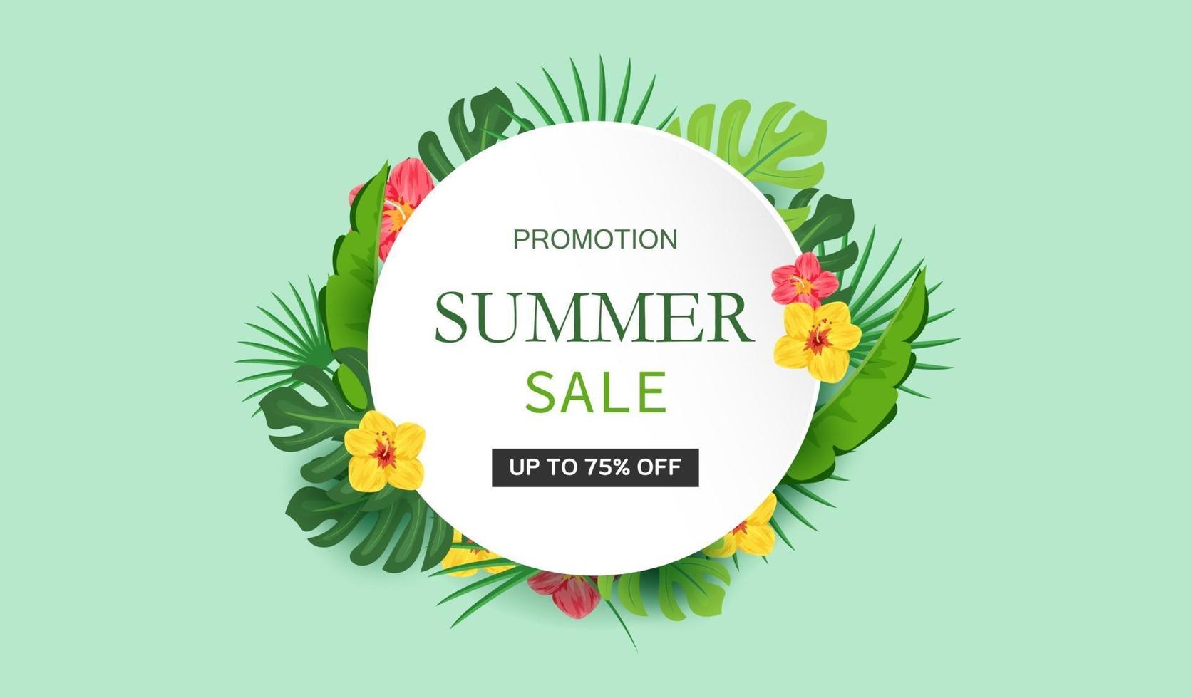 Summer tropical background with white circle sign, palm leaves and hibiscus flowers. Vector floral on green background. Sale banner or flyer template.