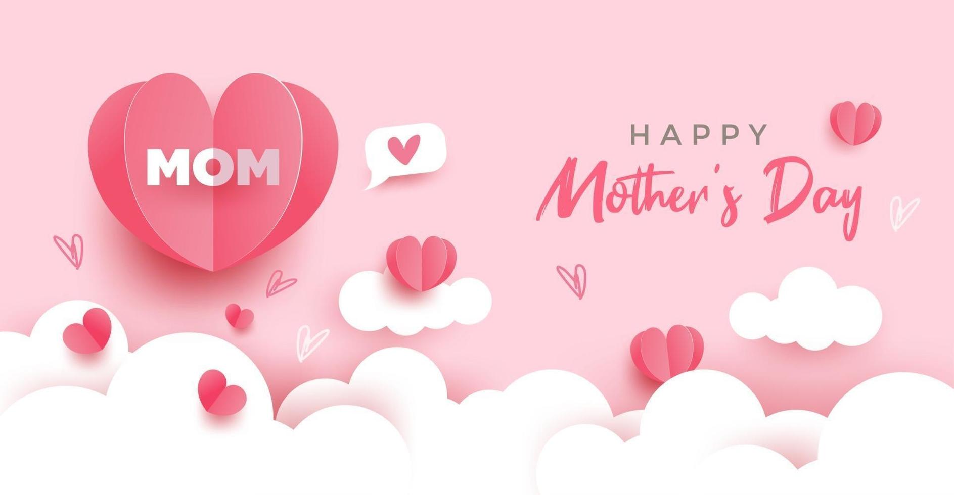 Happy Mother's day card. Paper cut with hearts, clouds and bubble speech on pink pastel background. Vector illustration