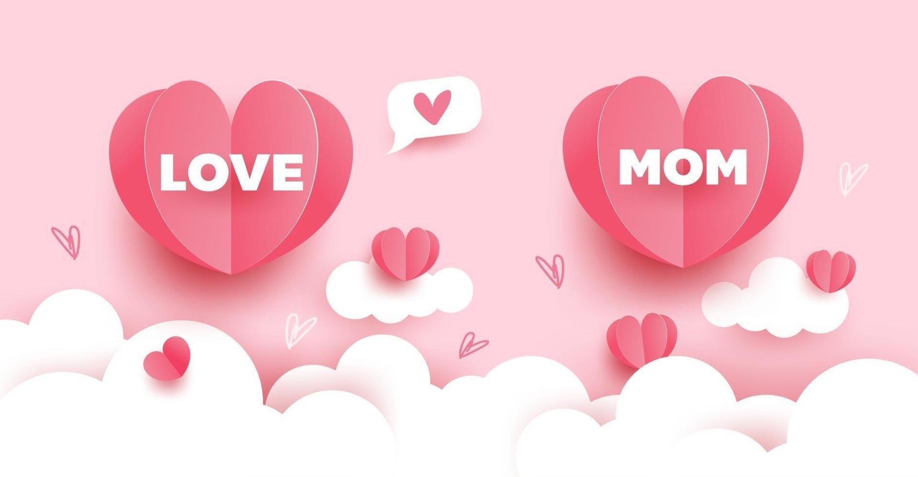 Mother's day card. Paper cut with hearts, clouds and bubble speech on pink pastel background. Vector illustration