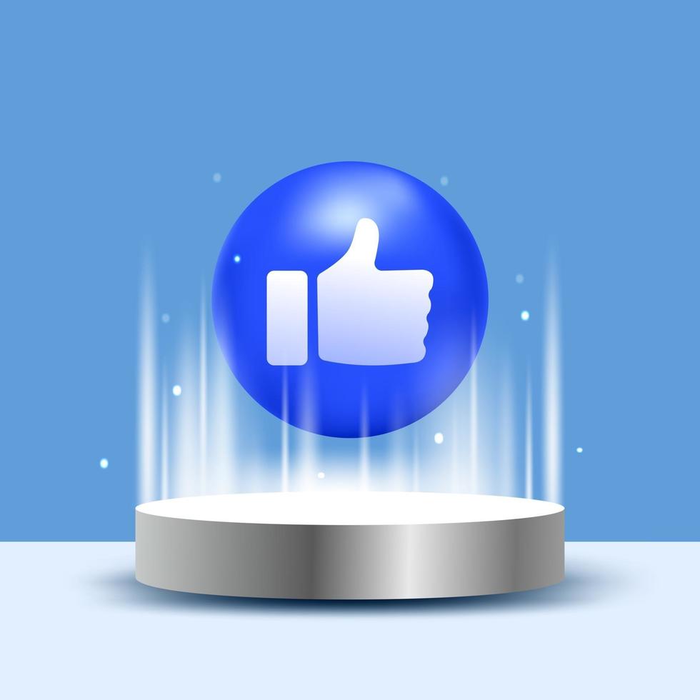 3D Thumb up like realistic blue ball on the silver podium with lighting effect vector