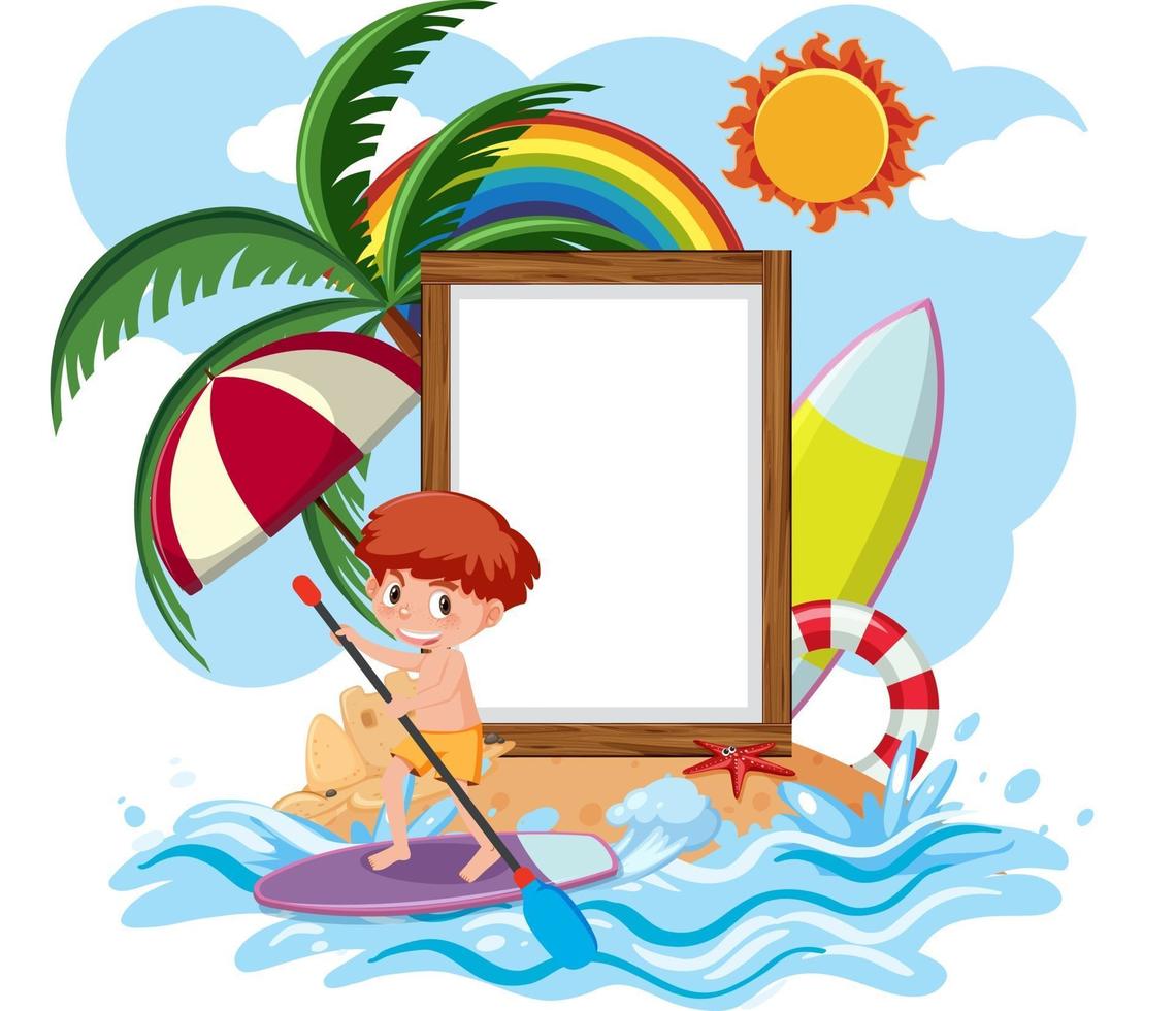 Plantilla de banner vacío con niños en vacaciones de verano en la playa. vector