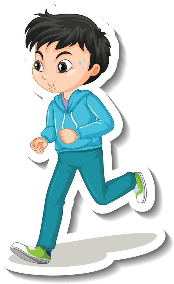 Cartoon character sticker with a boy jogging on white background vector