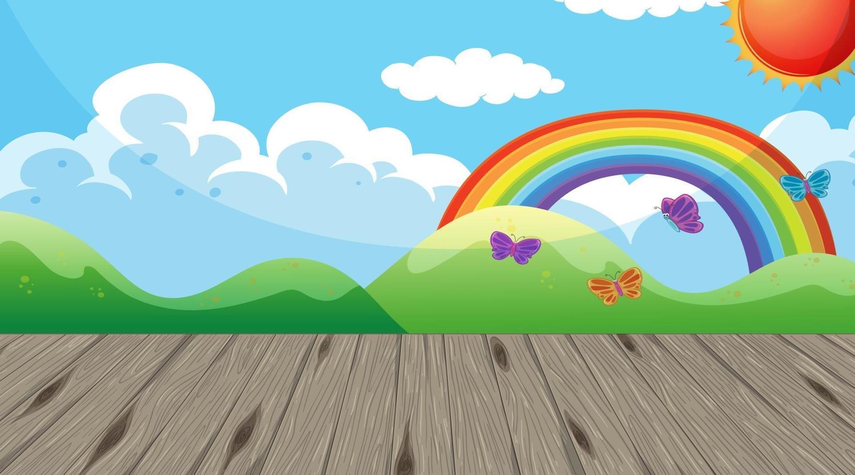 sala de jardín de infantes vacía con arco iris en el fondo de pantalla del cielo vector