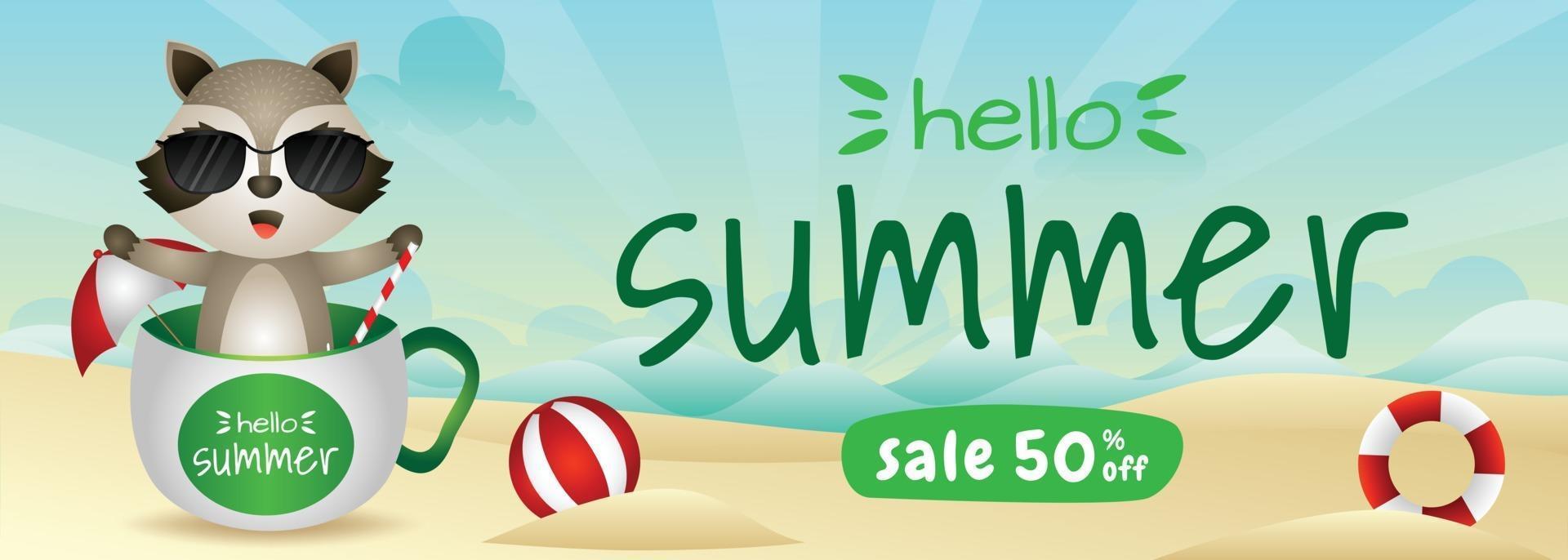 summer sale banner with a cute raccoon in the cup vector