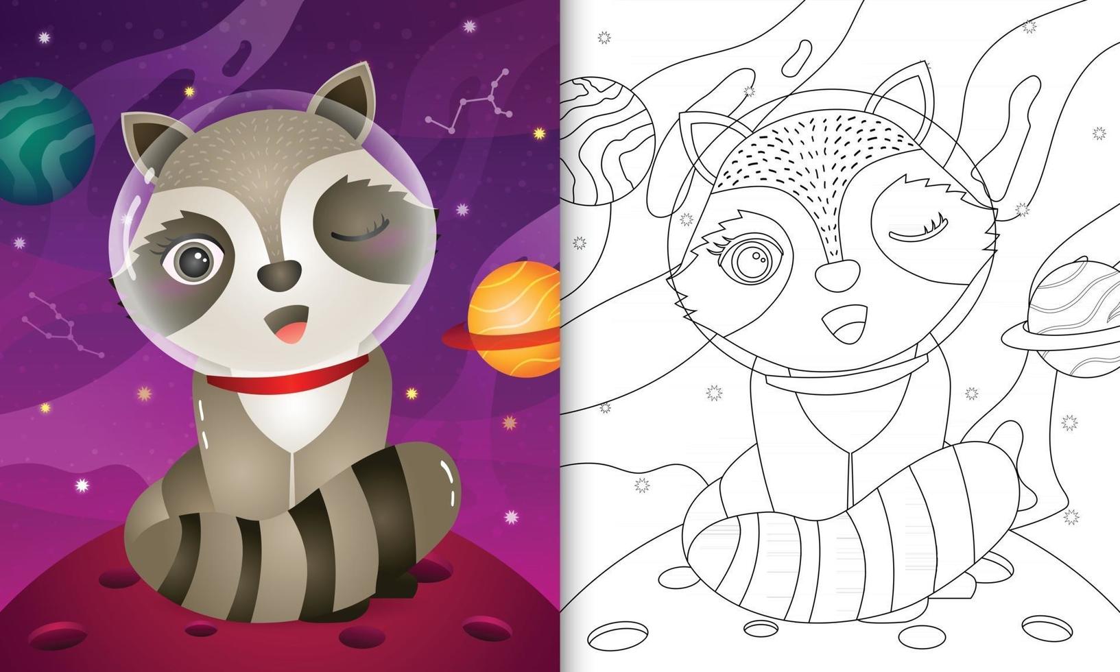 libro para colorear para niños con un lindo mapache en la galaxia espacial vector