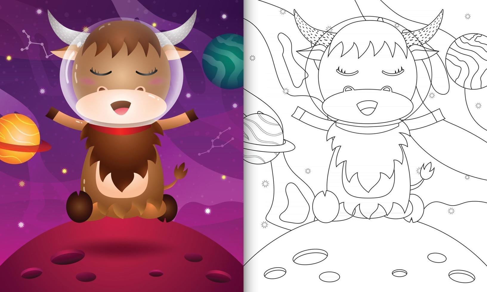 coloring book for kids with a cute buffalo in the space galaxy vector