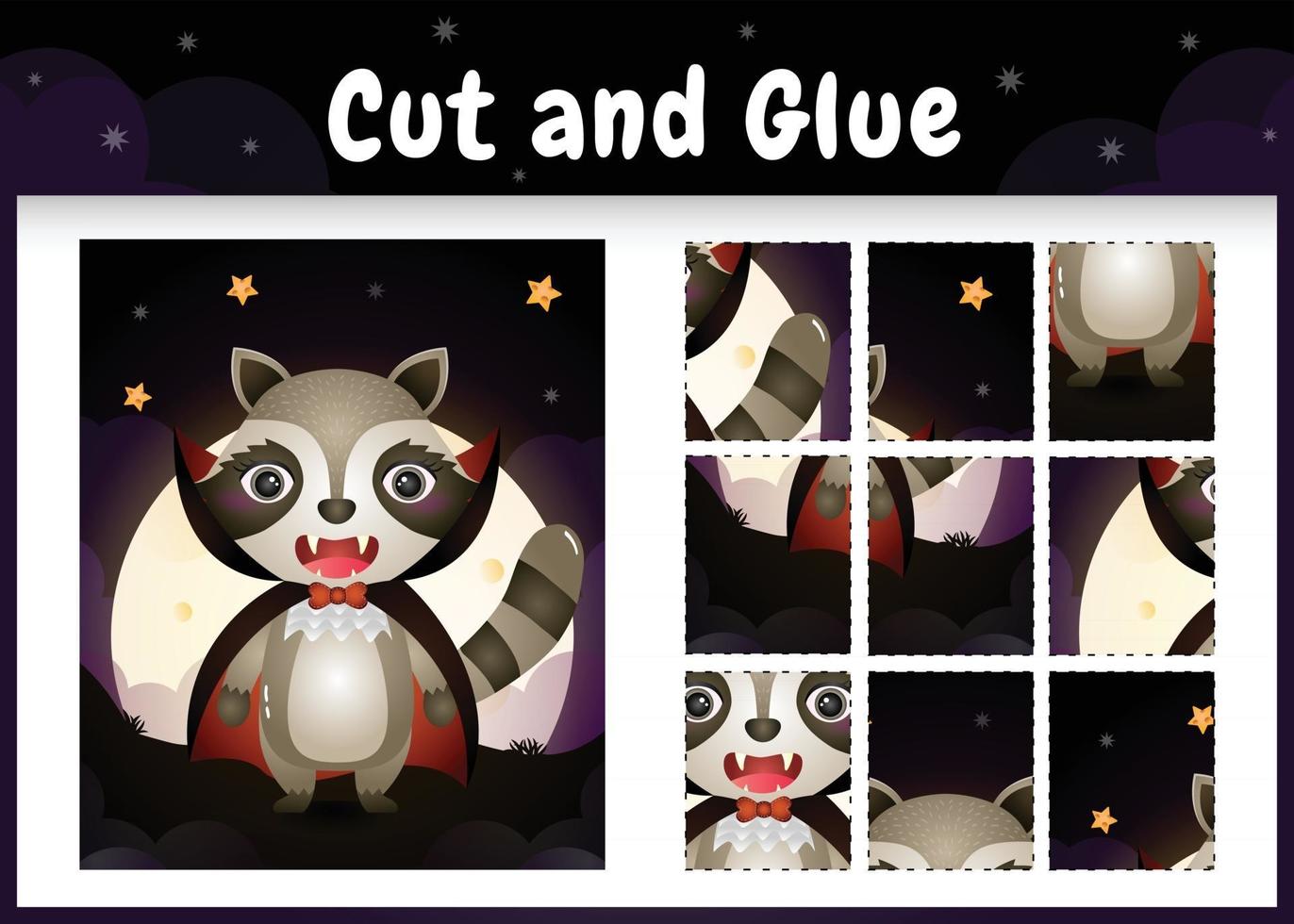 Children board game cut and glue with a cute raccoon using halloween dracula costume vector
