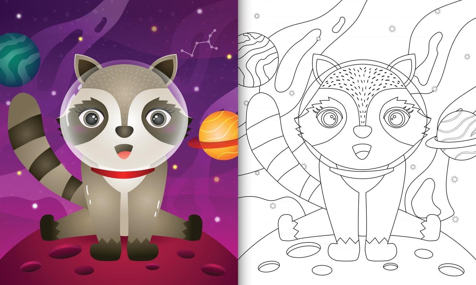 coloring book for kids with a cute raccoon in the space galaxy vector