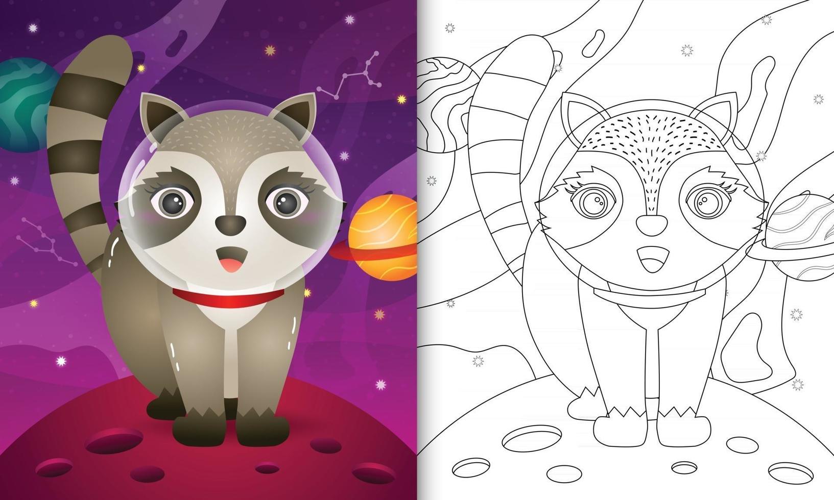 libro para colorear para niños con un lindo mapache en la galaxia espacial vector